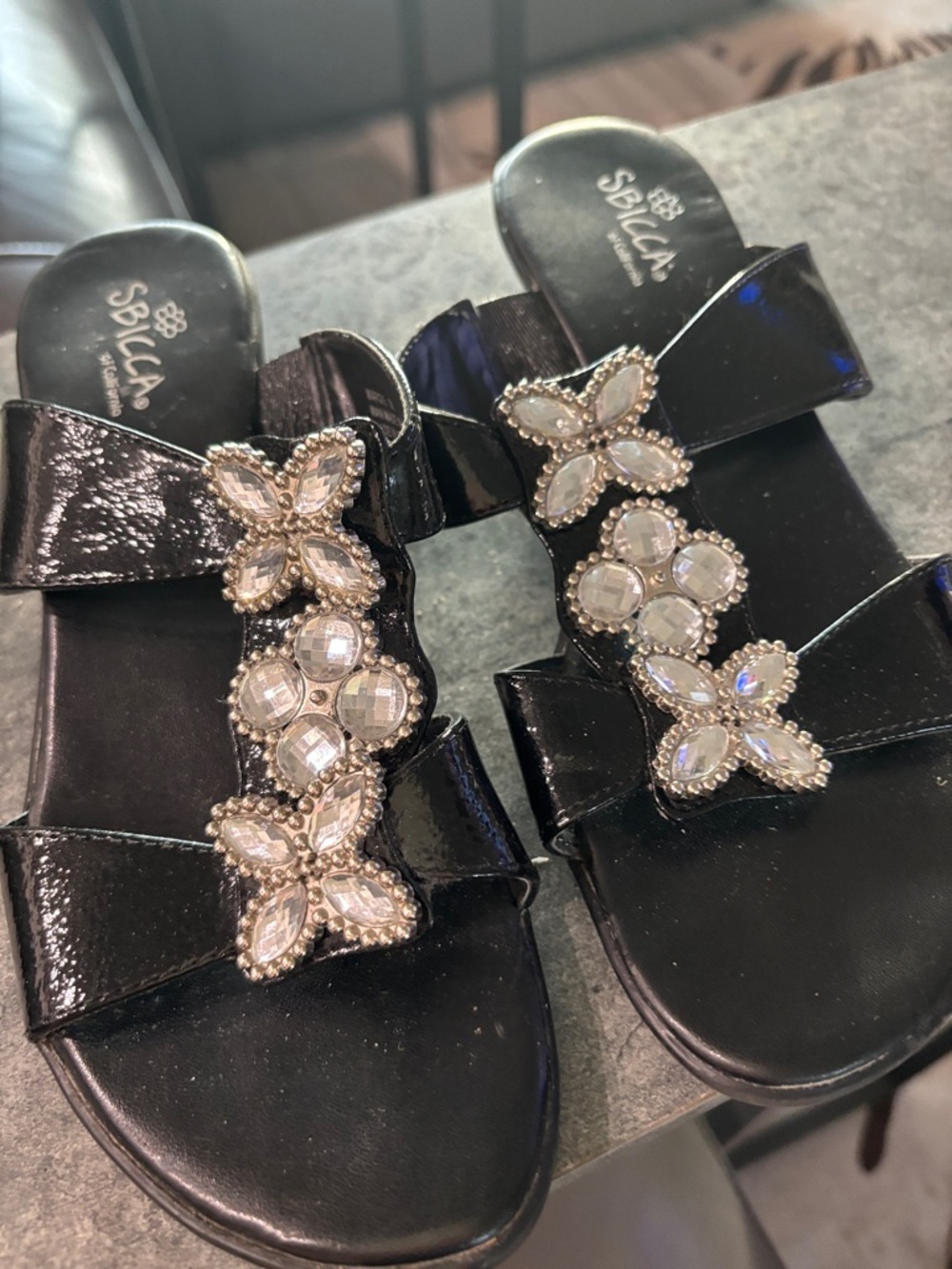 Sbicca Black Patent Jeweled Slide Sandals